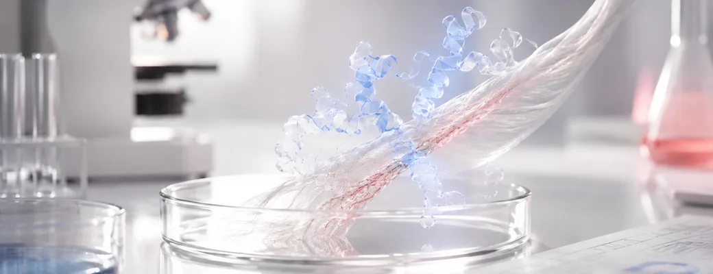Estructura del péptido BPC-157 junto a fibras de tendón en un laboratorio — Luma Peptides