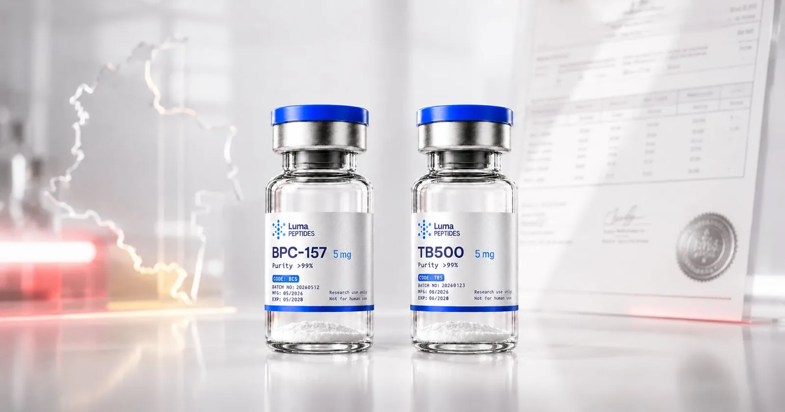 Viales de BPC-157 y TB-500 de Luma Peptides con la silueta de Colombia y un certificado de análisis