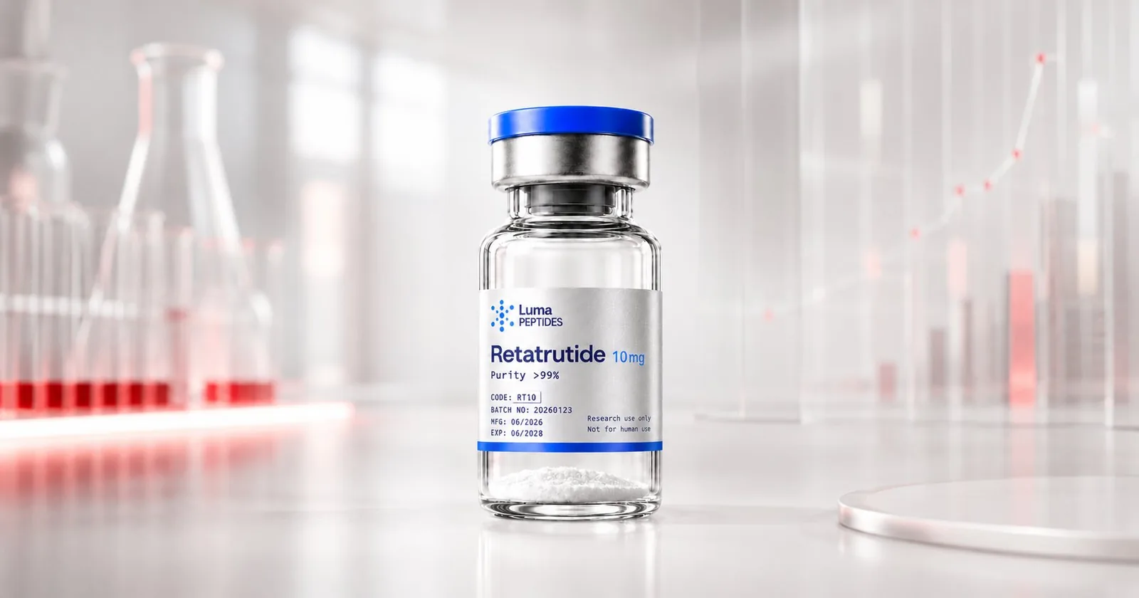 Vial de Retatrutide 10 mg de Luma Peptides en un laboratorio — últimos estudios Fase 3 de Lilly
