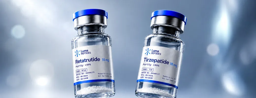 Comparación de viales de Retatrutide y Tirzepatida de Luma Peptides