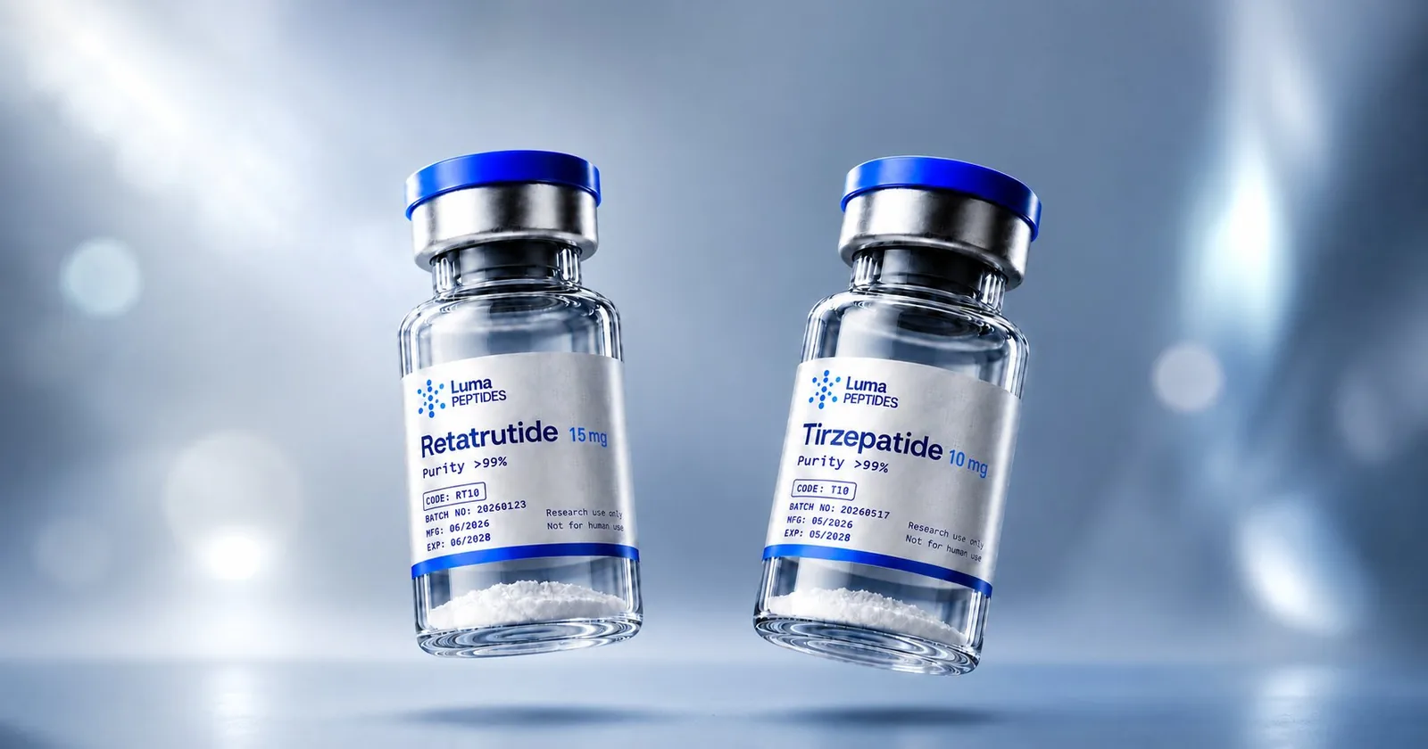 Viales de Retatrutide 15 mg y Tirzepatida 10 mg de Luma Peptides lado a lado para comparación