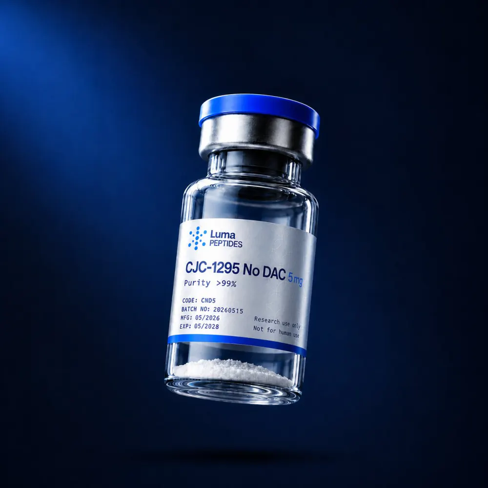 Vial de CJC-1295 No DAC 5 mg de Luma Peptides — péptido de investigación liofilizado, pureza superior al 99% HPLC, Colombia