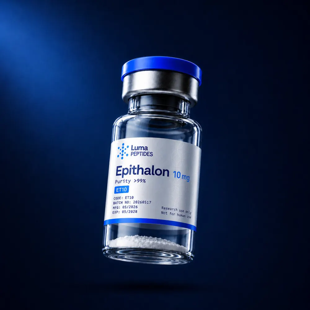 Vial de Epithalon 10 mg de Luma Peptides — péptido de investigación liofilizado, pureza superior al 99% HPLC, Colombia