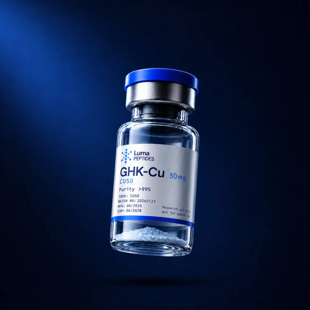 Vial de GHK-Cu 50 mg de Luma Peptides — péptido de cobre de investigación liofilizado, pureza superior al 99% HPLC, Colombia