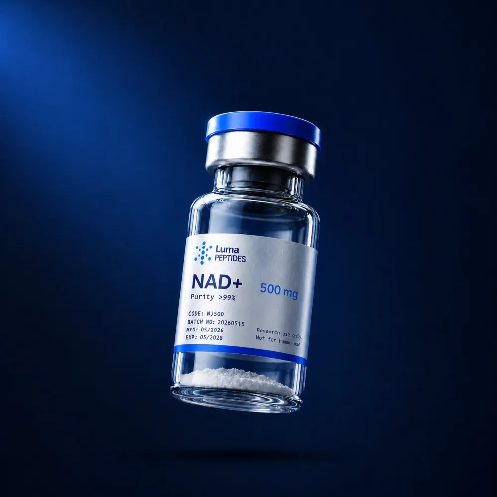 Vial de NAD+ 500 mg de Luma Peptides — compuesto de investigación liofilizado, pureza superior al 99% HPLC, Colombia