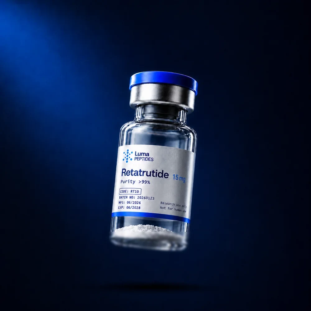 Vial de Retatrutide 15 mg de Luma Peptides — péptido de investigación liofilizado, pureza superior al 99% HPLC, Colombia
