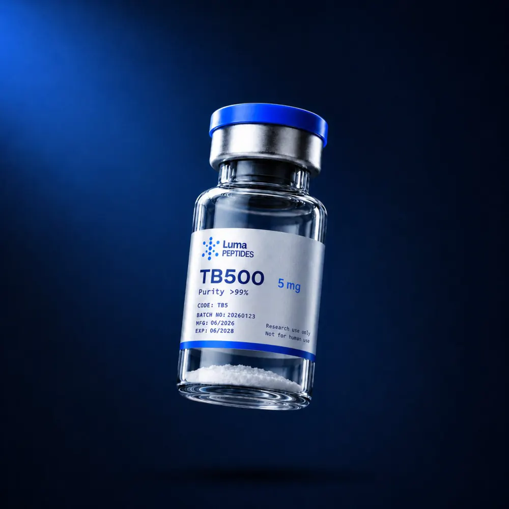 Vial de TB-500 5 mg de Luma Peptides — péptido de investigación liofilizado, pureza superior al 99% HPLC, Colombia