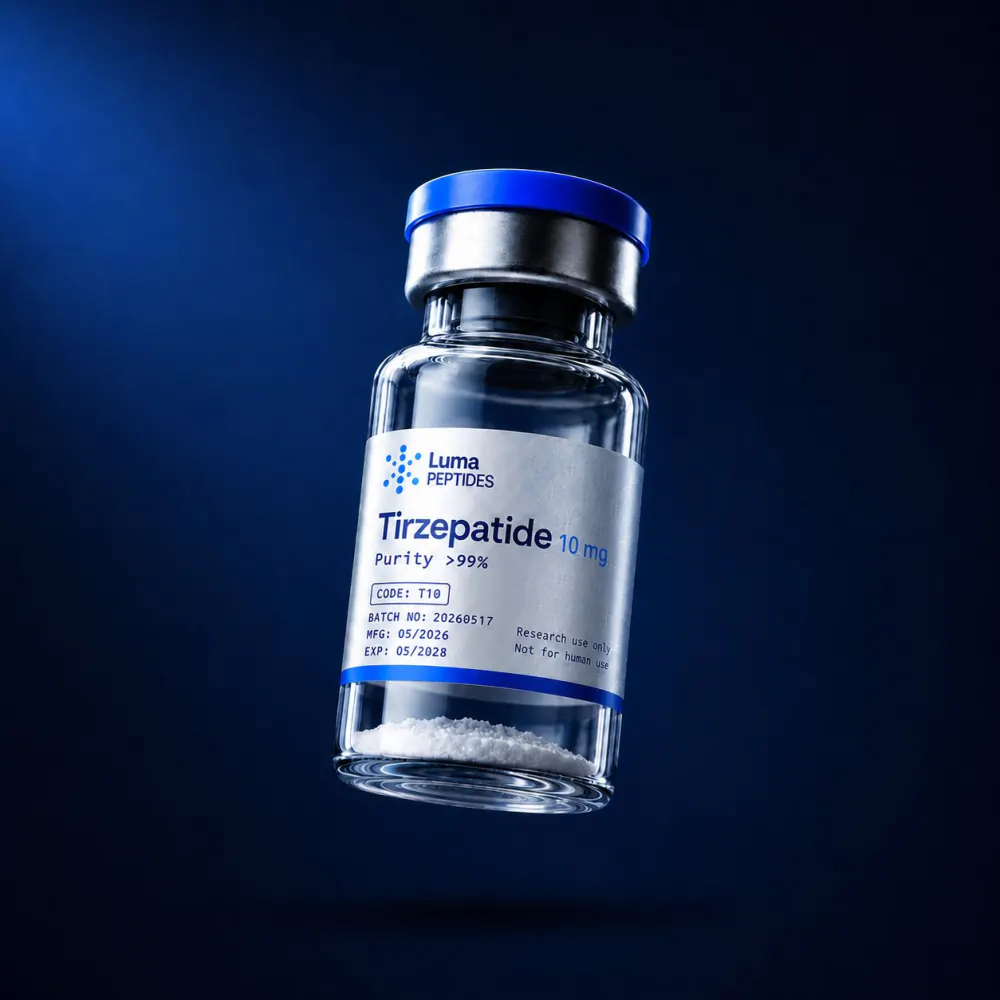 Vial de Tirzepatida 10 mg de Luma Peptides — péptido de investigación liofilizado, pureza superior al 99% HPLC, Colombia